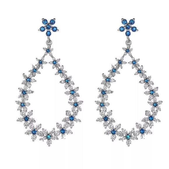 New A&M Silver-Tone Sapphire Accent Oval Hoop Earrings - Picture 1 of 4